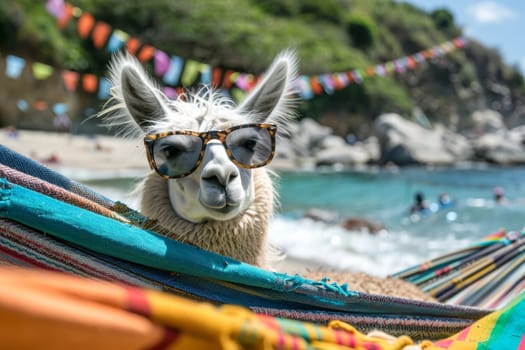 A llama with sunglasses sitting in a hammock on the beach