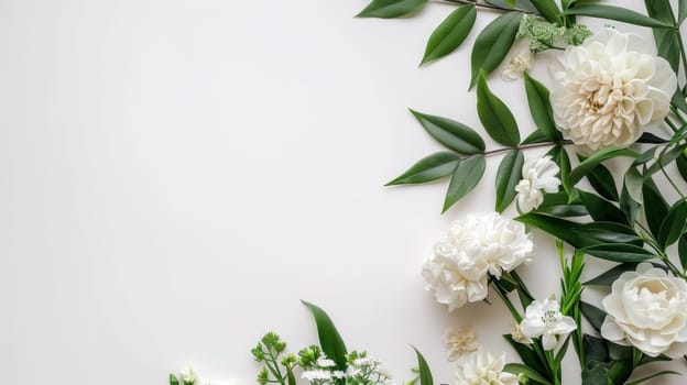 A white and green flowers are arranged on a table