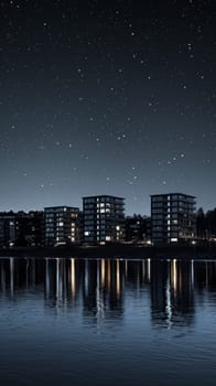 A city skyline at night with stars and moon over water