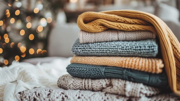 A pile of sweaters on a bed with christmas lights in the background