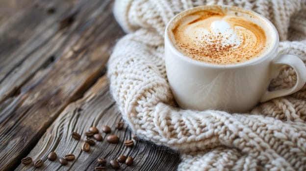 A cup of coffee on a wooden table with some beans