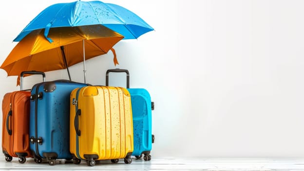 A group of colorful luggage with umbrellas on top and bottom