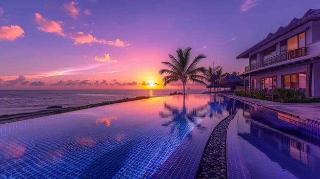A pool with a view of the ocean at sunset