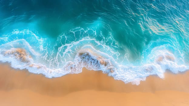 An aerial view of a beach with waves and sand