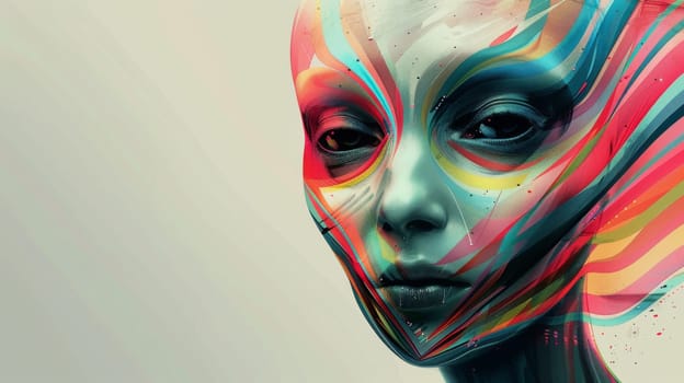 A woman with a colorful face and hair is shown