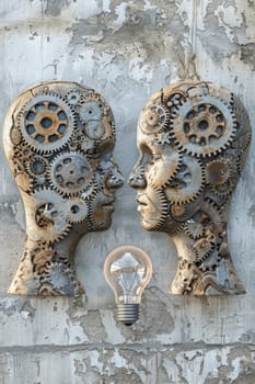 A couple of two heads with gears and a light bulb
