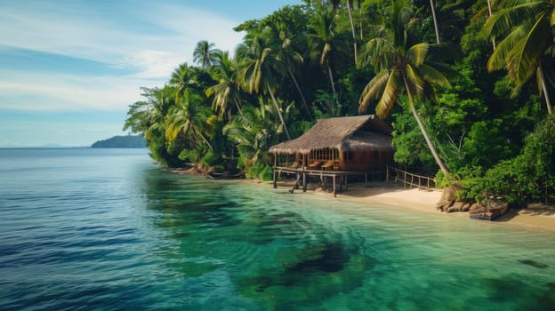 A small hut on the beach surrounded by palm trees