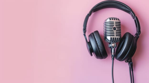 A microphone and headphones on a pink background