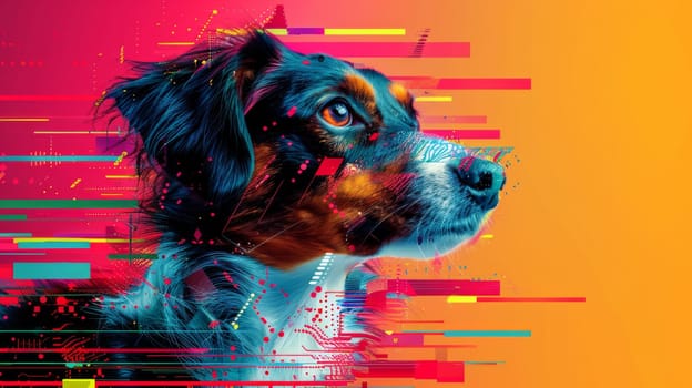 A dog is shown in a colorful abstract painting with geometric shapes