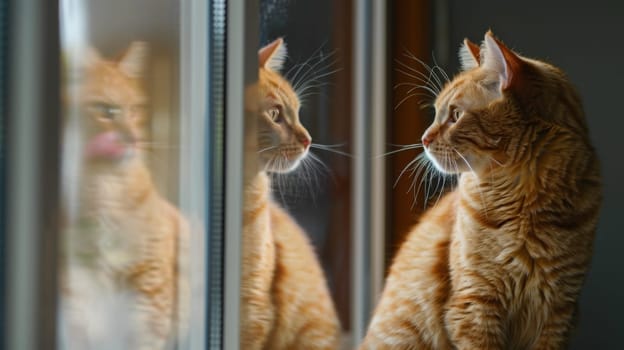 A cat sitting in front of a window looking at itself