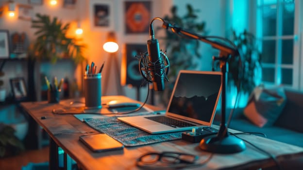 A laptop computer sitting on a desk with microphone and speakers