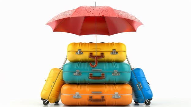 A stack of colorful luggage with an umbrella on top