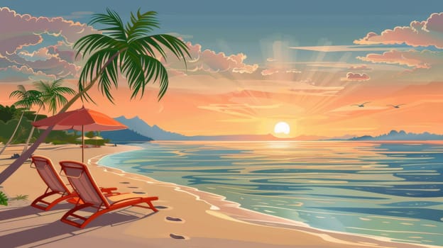 A beach scene with two lounge chairs and umbrella on the sand