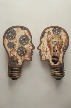 Two heads with gears and cogs inside of them are facing each other