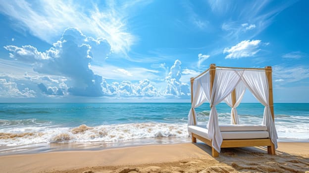 A bed on the beach with curtains and a canopy over it