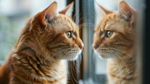A cat looking at itself in a mirror with its reflection