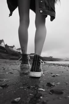 A person walking on a beach with their legs in the air
