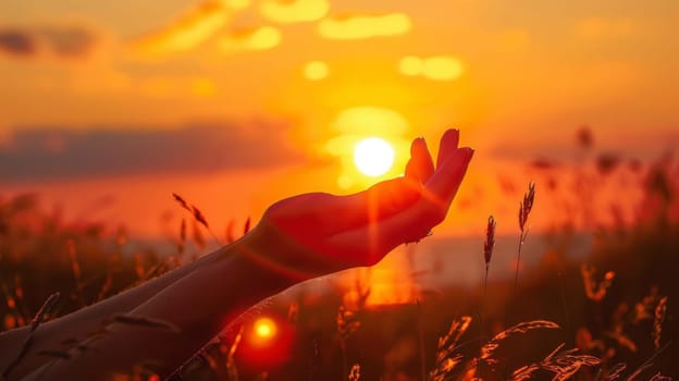 A person's hands are in the air with a sunset behind them