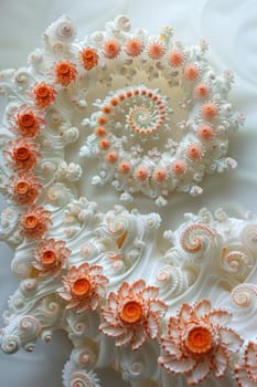 A close up of a spiral design made out of orange and white flowers
