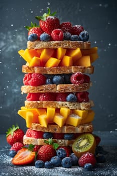 A stack of fruit on a plate with kiwi, mango and blueberries