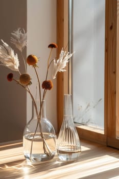 A vase with flowers and a glass next to it on the table