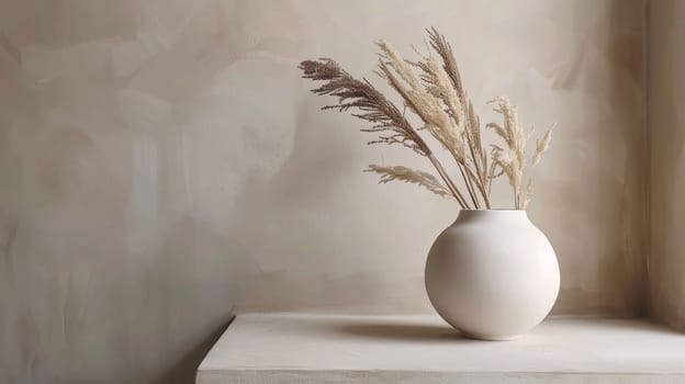 A white vase with dried grass in it on a shelf