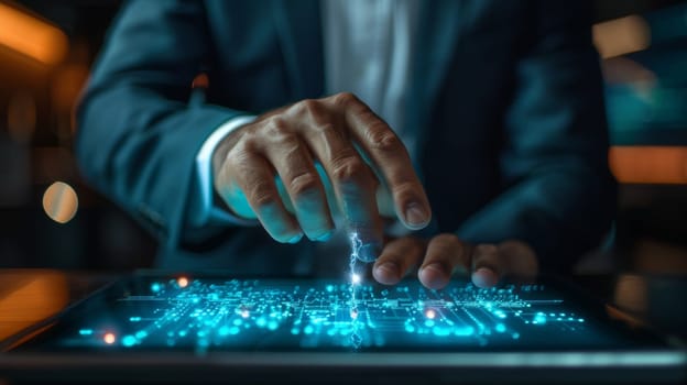 A man in a suit is touching something on an electronic tablet