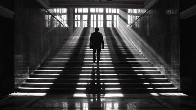 A man standing on a set of stairs with sunlight coming through the windows