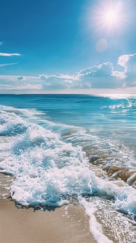 A beach with waves and a sun shining on the water