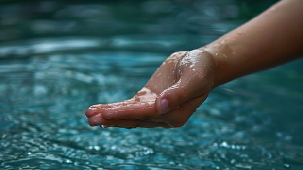A person's hand is in the water with a drop of rain on it