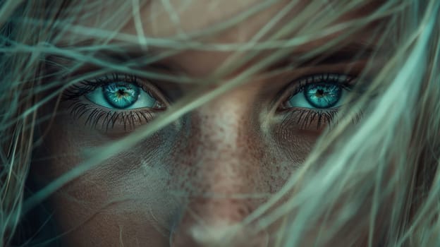 A close up of a woman's face with blue eyes
