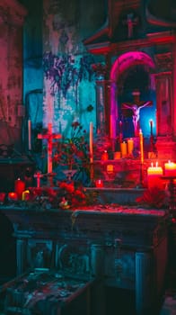 A church with a cross on the wall and candles lit