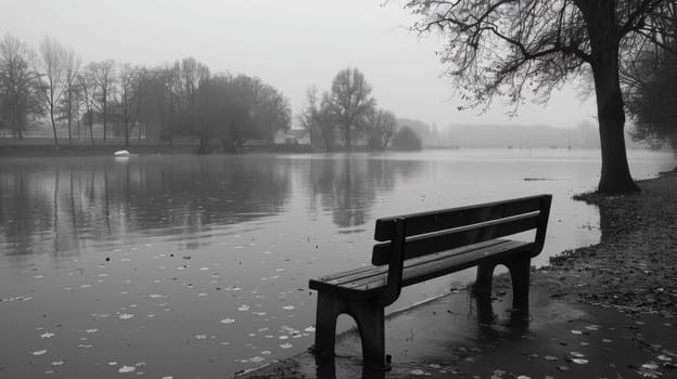 A bench sitting on a wet shore next to the water