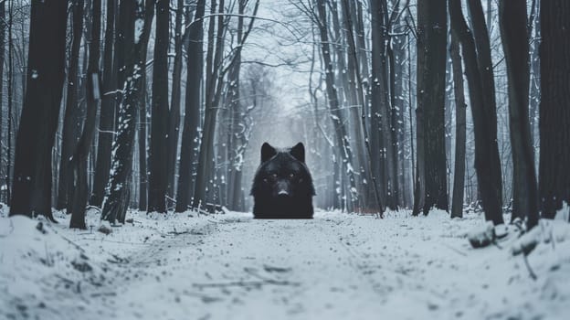A black wolf in the middle of a snowy forest