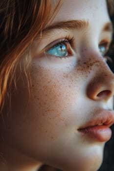 A close up of a young girl with freckles and red hair