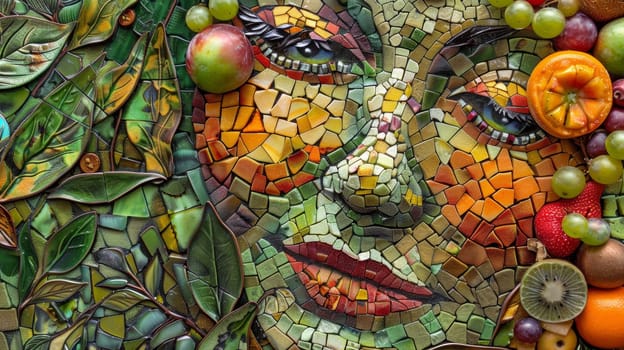 A mosaic of a face made up with fruit and leaves
