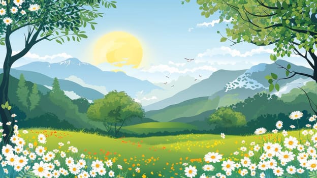 A beautiful landscape with flowers and trees in the distance