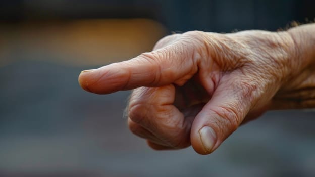 An old man pointing his finger at something with a thumb