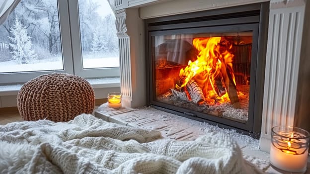 A fireplace with a fire burning in it next to some pillows