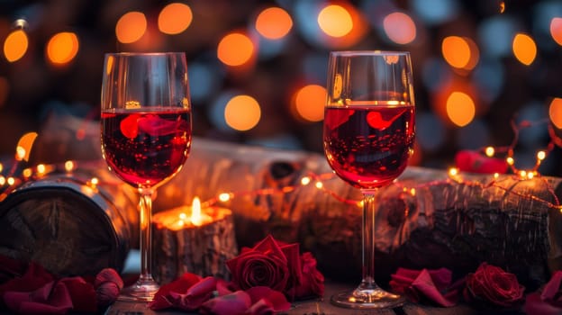 Two glasses of wine with red roses and candles on a table