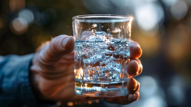 A person holding a glass of water with ice cubes in it