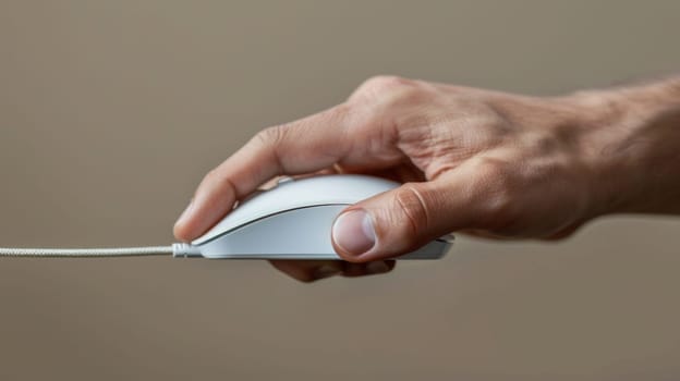 A hand holding a computer mouse with its cord attached