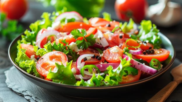 A bowl of a salad with tomatoes, onions and other vegetables