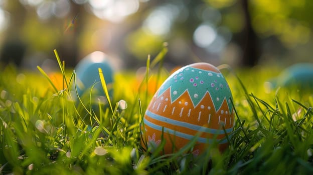 A close up of a colorful easter egg sitting in the grass