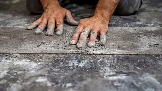 A man laying on the floor with his hands in a pile of cement