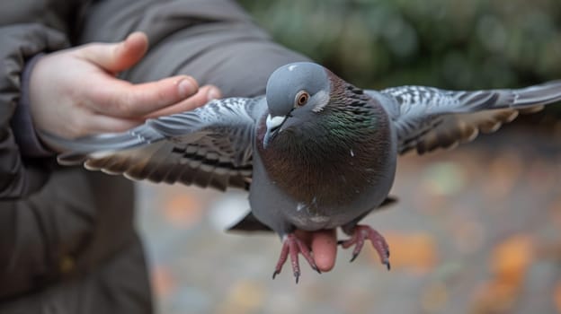 A person holding a bird in their hands with its wings spread