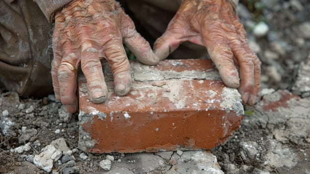 A man is working on a brick with his hands