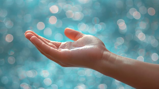 A person's hand with water droplets on it in front of a blue background