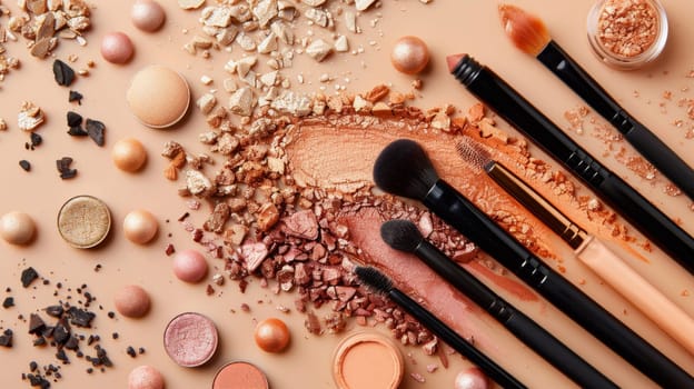 A bunch of makeup brushes and some powder on a table