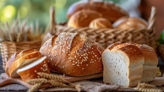 A loaf of bread and some wheat on a table